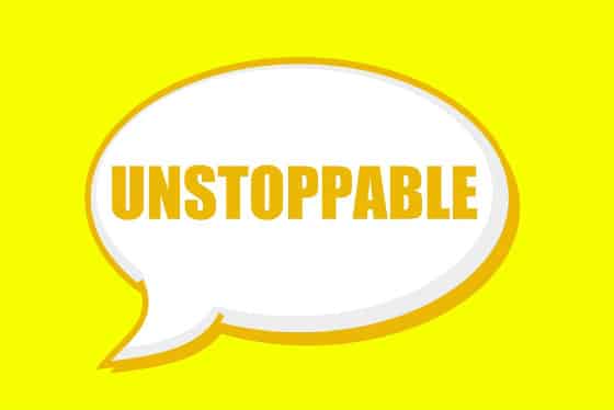 The word unstoppable in yellow letters on white and yellow talk bubble.